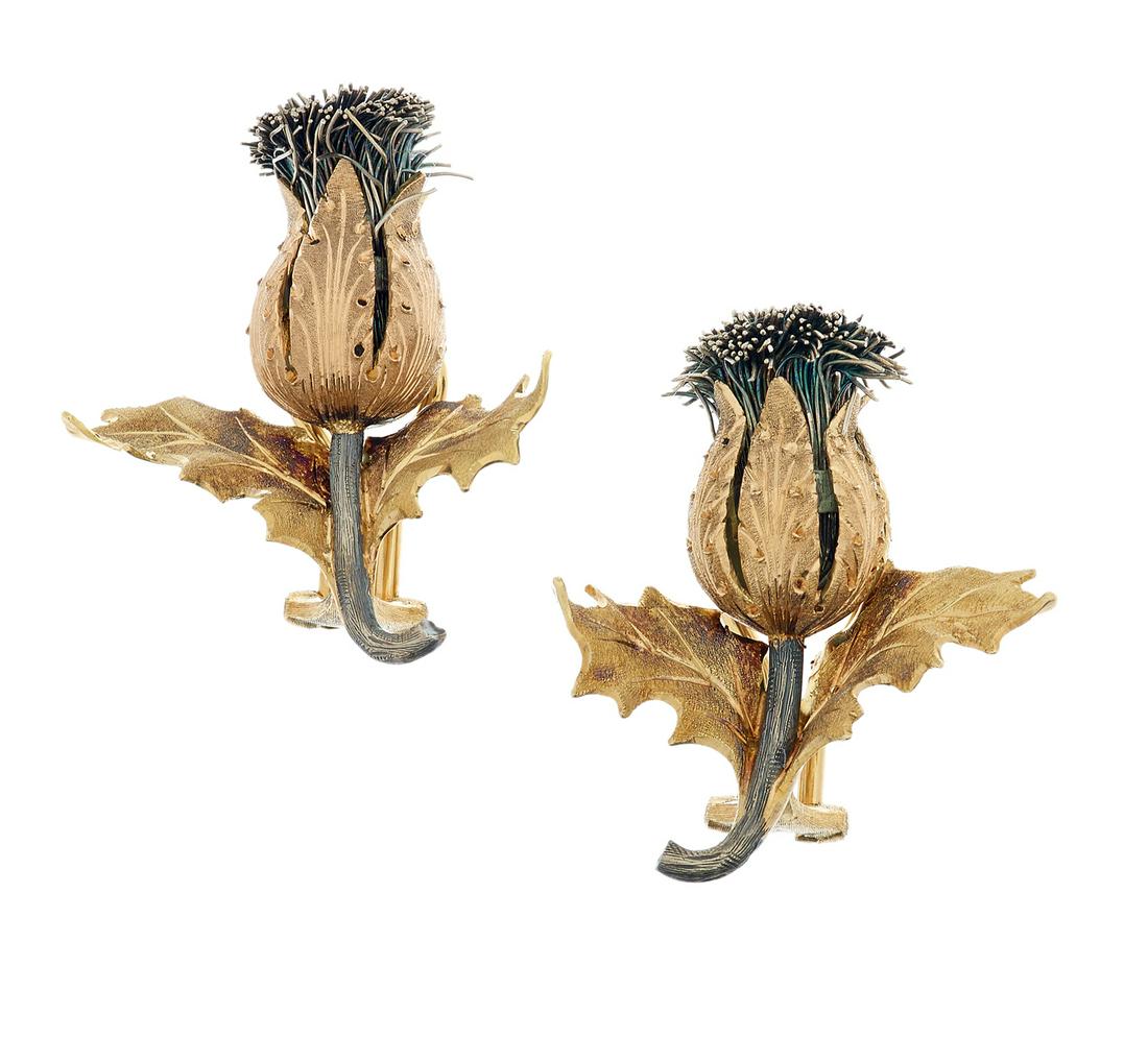 Pair of Vintage Buccellati "Thistle" Earrings: Pair of Vintage Buccellati "Thistle" Earrings 18k yellow/white gold, ca. 1970, the earrings in the form of a thistle and stamped "Buccellati 750". l. 1-1/8", total weight 16.3 grams