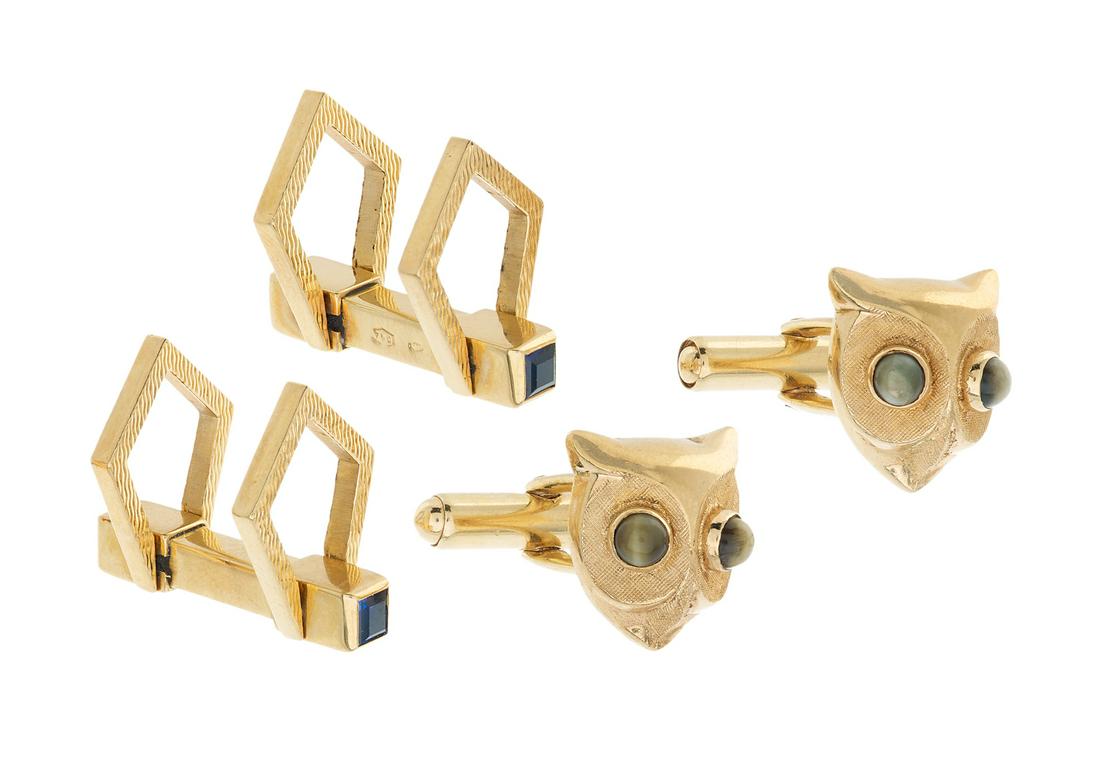 Two Pairs of Cufflinks: Two Pairs of Cufflinks including a 14k yellow gold pair of cufflinks in the form of owls, the eyes mounted with cabochon-cut chrysoberyl weighing approximately 0.30 carats in total, l. 3/4", and a pai