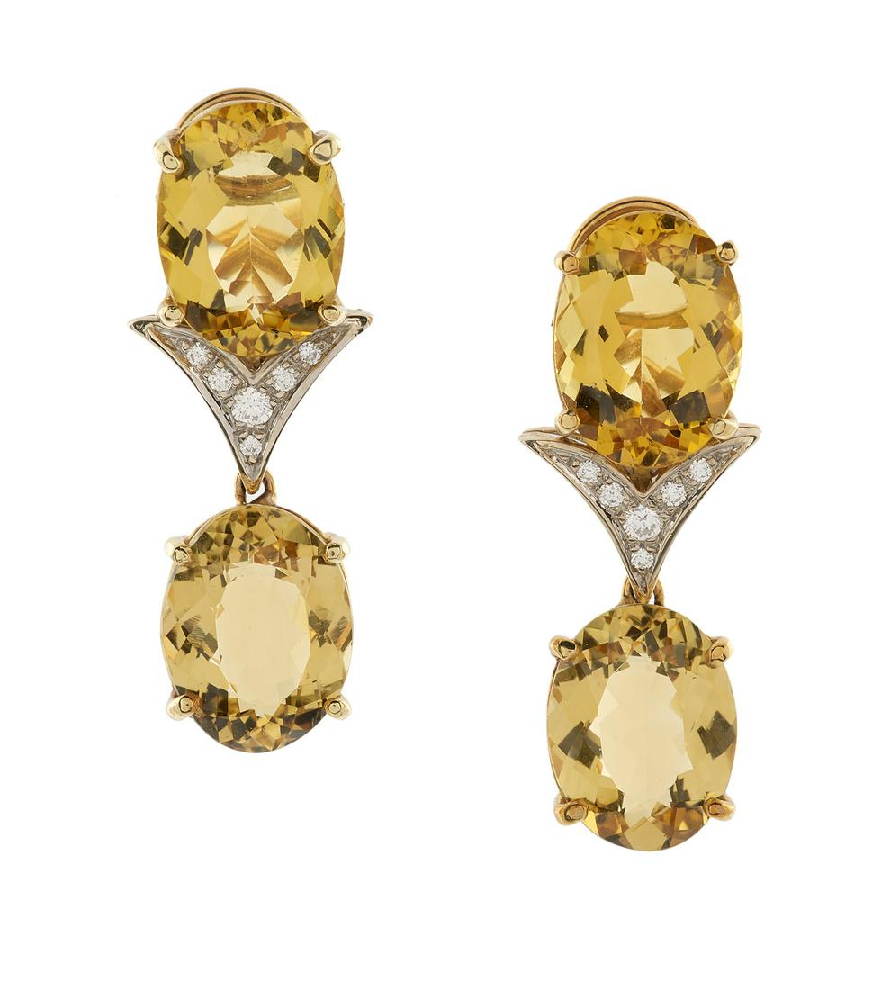 Pair of Natural Golden Beryl and Diamond Earrings: Pair of Natural Golden Beryl and Diamond Earrings 18k yellow gold, the earrings mounted with oval-cut golden beryl weighing approximately 30.80 carats in total, accented by round brilliant-cut diamond