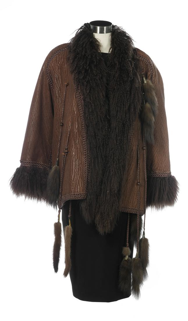 Vintage Reversible Mink, Lamb and Leather Jacket: Vintage Reversible Mink, Mongolian Lamb and Leather Jacket size 8-10, early 1990s, a custom Sakowitz design, the elements assembled with crocheted dark taupe silk cord, one side of chocolate brown ran
