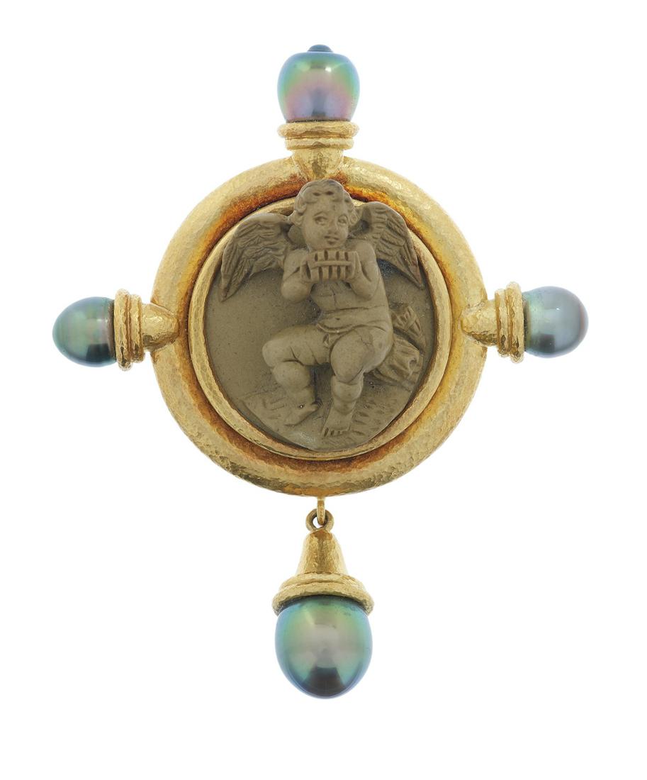 Elizabeth Locke Pearl and Lava Cameo Brooch: Elizabeth Locke Pearl and Lava Cameo Brooch 18k yellow gold, the round brooch with a hammered texture and mounted with a high-relief-carved lava putto cameo, accented with four gray baroque pearls, ma