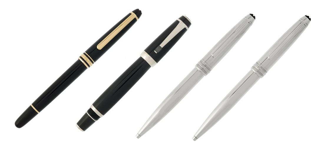 Four Montblanc Ballpoint and Rollerball Pens: Group of Four Montblanc Ballpoint and Rollerball Pens including two Meisterstuck Solitaire Stainless Steel Ballpoint Pens, cap tops with inlaid white stars, labels marked style "23164", in black hinge