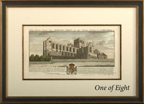 British School (18th Century): British School (18th Century) "Ancient European Abbeys, Churches and Nunneries", suite of eight hand-colored copper engravings, by Nathaniel Buck, sight 8" x 15". Glazed, handsomely matted and framed