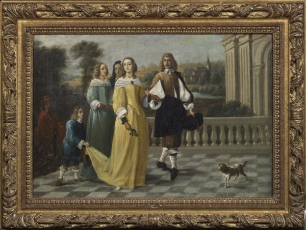 Follower of Gerard Terborch (Dutch, 1617-1681): Follower of Gerard Terborch (Dutch, 1617-1681) "The Betrothal Party on the Terrace", oil on canvas, unsigned, 15" x 22". Presented in an antique spiraled leaf-carved giltwood frame.