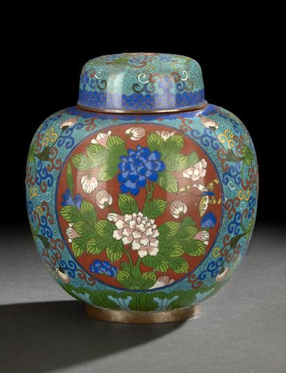 Chinese Cloisonne Covered Ginger Jar: Chinese Cloisonne Covered Ginger Jar, mid-19th century, decorated in the Qianlong style with two circular reserve panels of flowering peonies and butterflies against a turquoise ground with lotus buds