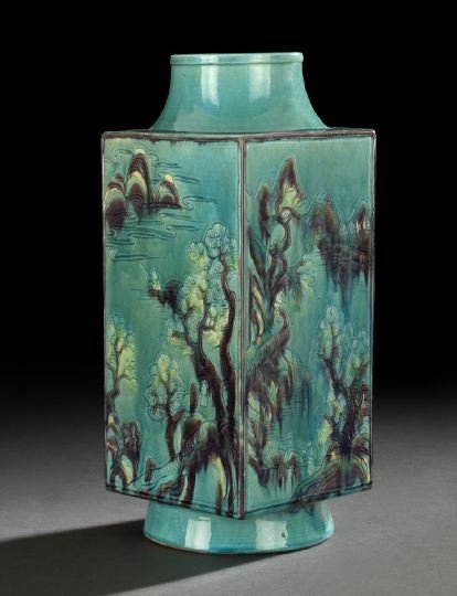 Unusual Chinese Glazed Vase: Unusual Chinese Glazed Vase, 19th century, of squared rectangular outline with splayed foot and tapered neck, with four panels of incised decoration of idyllic landscapes, glazed in aubergine and whit