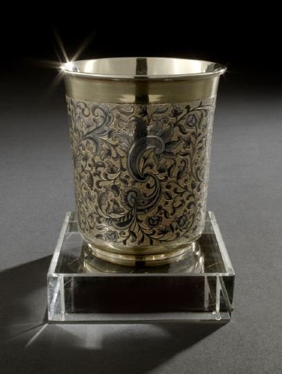 Nicholas I Parcel-Gilt Silver and Niello Beaker: Fine, Large Nicholas I Parcel-Gilt 84 Zolotnik (.875) Silver and Niello Beaker, touchmarked Moscow, 1847, assayer Andrei Kovalski, master "A.K.", of cylindrical form with slightly everted rim, handsom