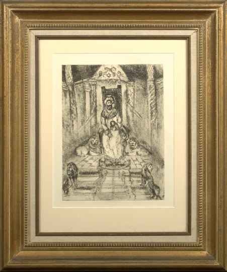 Marc Chagall (Russian-French, 1887-1985): Marc Chagall (Russian/French, 1887-1985) "Solomon on His Throne", etching, from the "Bible" series, plate signed lower left, sight 14" x 11". Glazed, handsomely matted and framed.