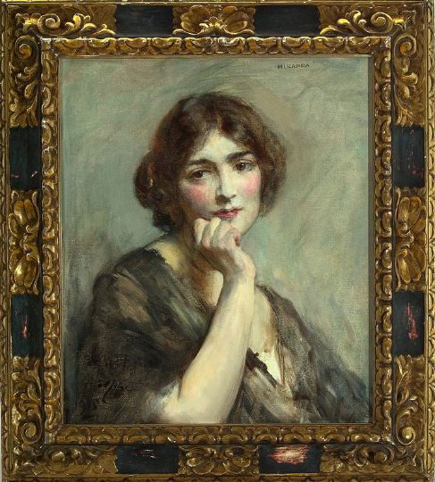 Continental School (First Quarter 20th Century): Continental School (First Quarter 20th Century) "Portrait of Miranda", oil on canvas, titled upper right, indistinctly signed and inscribed lower left, dated "1915" lower left, frame bears "Chas. D. S