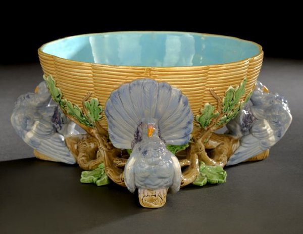 Minton Majolica "Pouter Pigeon" Bowl: Good Minton Polychromed Majolica Tripodal "Pouter Pigeon" Bowl, dated 1871, the interior of the broadly ribbed bowl glazed in sky blue, the base with full impressed marks underglaze, dia. 12".