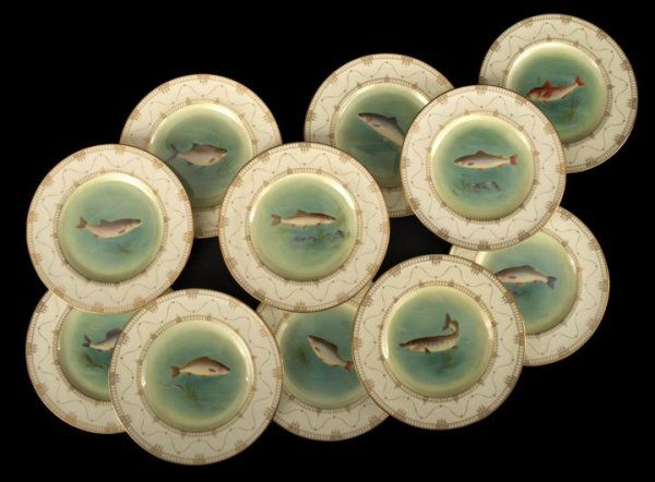 Set of Eleven Royal Worcester Fish Plates: Fine Set of Eleven Royal Worcester Ivory Porcelain Fish Plates, second quarter 20th century, each plate with a different game fish hand painted by Harry Ayrton (English 1905-1976; worked at Worcester