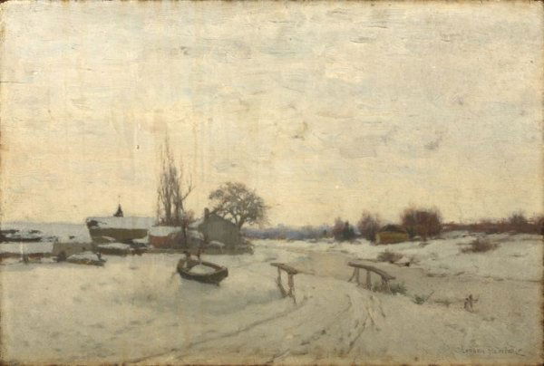 Stephen Maxfield Parrish (American, 1846-1938): Stephen Maxfield Parrish (American/Pennsylvania, 1846-1938) "New England Winter Landscape with Bridge Over a Frozen River", oil on panel, signed lower right "Stephen Parrish", 12" x 18". Unframed.