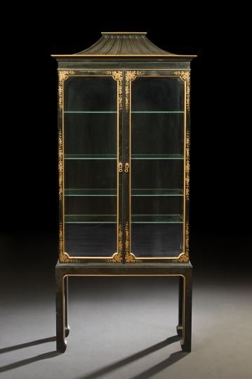 Chinoiserie-Style Polychromed Display Cabinet: Chinoiserie-Style Polychromed Display Cabinet, the pagoda-form crest above a case fitted with two glazed doors, each panel beveled, the sides paneled en suite, raised on a stand of molded square legs,
