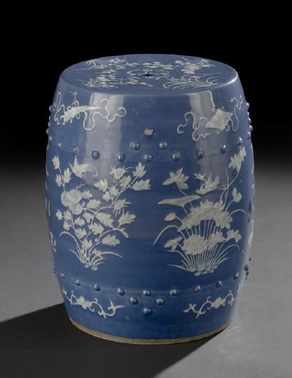 Chinese Blue & White Slip-Decorated Garden Seat: Chinese Blue and White Slip-Decorated Porcelain Garden Seat, 19th century, of barrel form with pierced "cash" symbols, the cobalt blue ground with white slip decoration of flowers, birds and insects, 