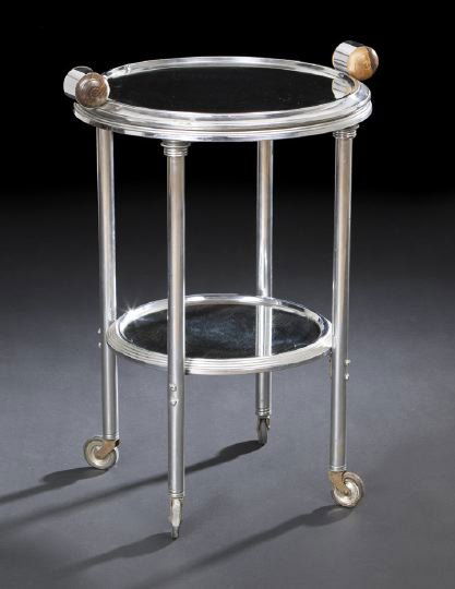 Art Moderne Silvered Metal Serving Table: Art Moderne Silvered Metal Serving Table, second quarter 20th century, the circular mirrored tray top with rounded rosewood handles, removing to another circular mirrored surface, joined to a like low