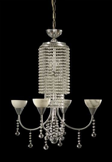 German Art Deco Chrome and Alabaster Chandelier: German Art Deco Chrome, Veined Alabaster and Beaded Glass Four-Light Chandelier, second quarter 20th century, the standard with a concentric glass bead "waterfall", the candlearms with glass spheres p