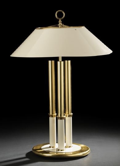 Art Moderne Brass and Tole-Peinte Table Lamp: Art Moderne Brass and Tole-Peinte Table Lamp, mid-20th century, of bouillotte inspiration, the circular base issuing three columnar light sockets surrounding a central standard headed by a ring finial