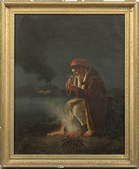 Gaetano Mormile (Italian, 1839-1890): Gaetano Mormile (Italian, 1839-1890) "Peasant Smoking Pipe, Mount Vesuvius Visible in the Distance", oil on canvas, signed and dated lower right "G. Mormile 1869", 20" x 16". Presented in a period gil