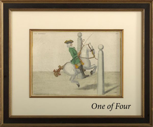 German School (18th Century): German School (18th Century) "Equestrian Riders", suite of four hand-colored copper engravings, by Baron D'Eisenberg, each example titled in plate upper left, respectively, "Le General", "Le Sensible"