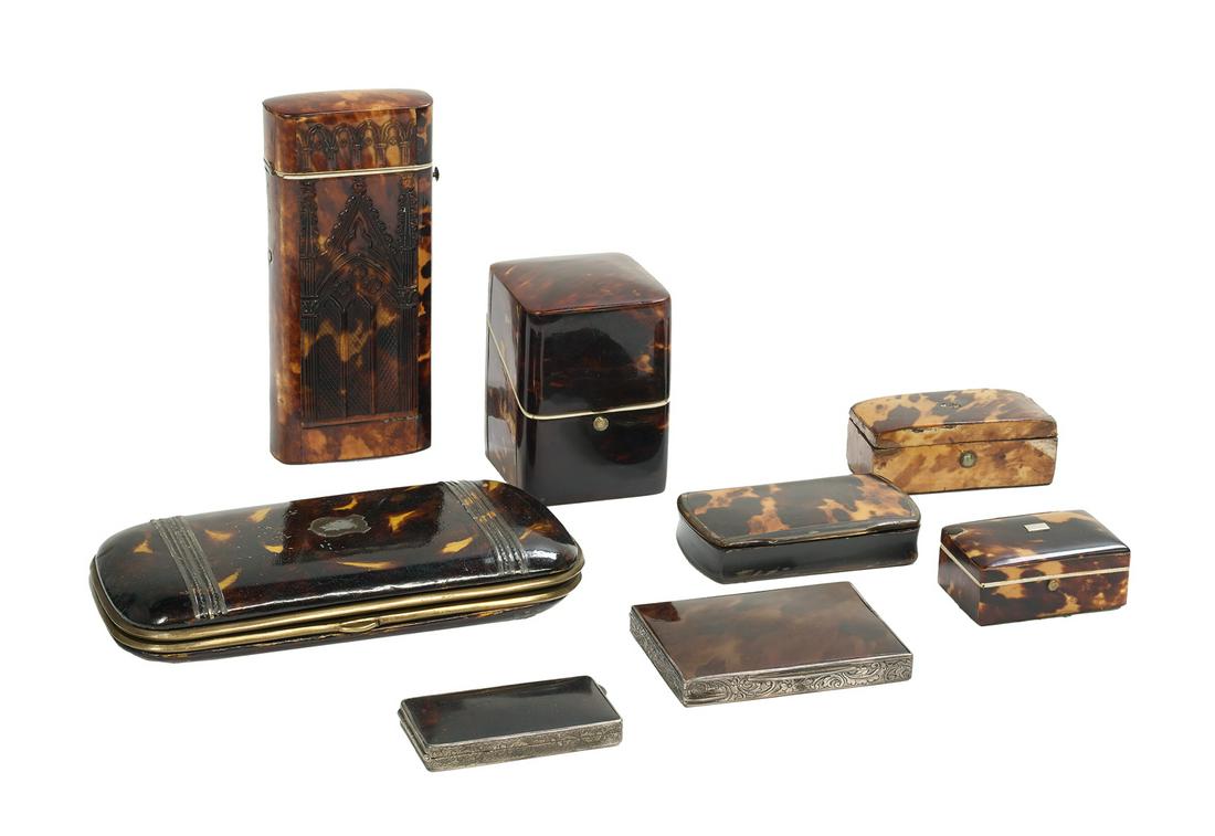 Collection of Eight English Tortoiseshell Boxes: Collection of Eight English Tortoiseshell Boxes 19th century, including a rare Gothic eyeglasses case, l. 5", w. 5", a double eyeglasses case, l. 5-1/2", d. 3", two boxes with bright-cut silver fittin