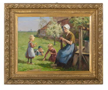 Louis Soonius, (Dutch, 1883-1956): Louis Soonius (Dutch, 1883-1956) "Picking Posies" oil on canvas signed lower right. Period giltwood frame. 22-1/2" x 30", framed 33" x 40" Provenance: The Collection of the Late Dr. E. Ralph