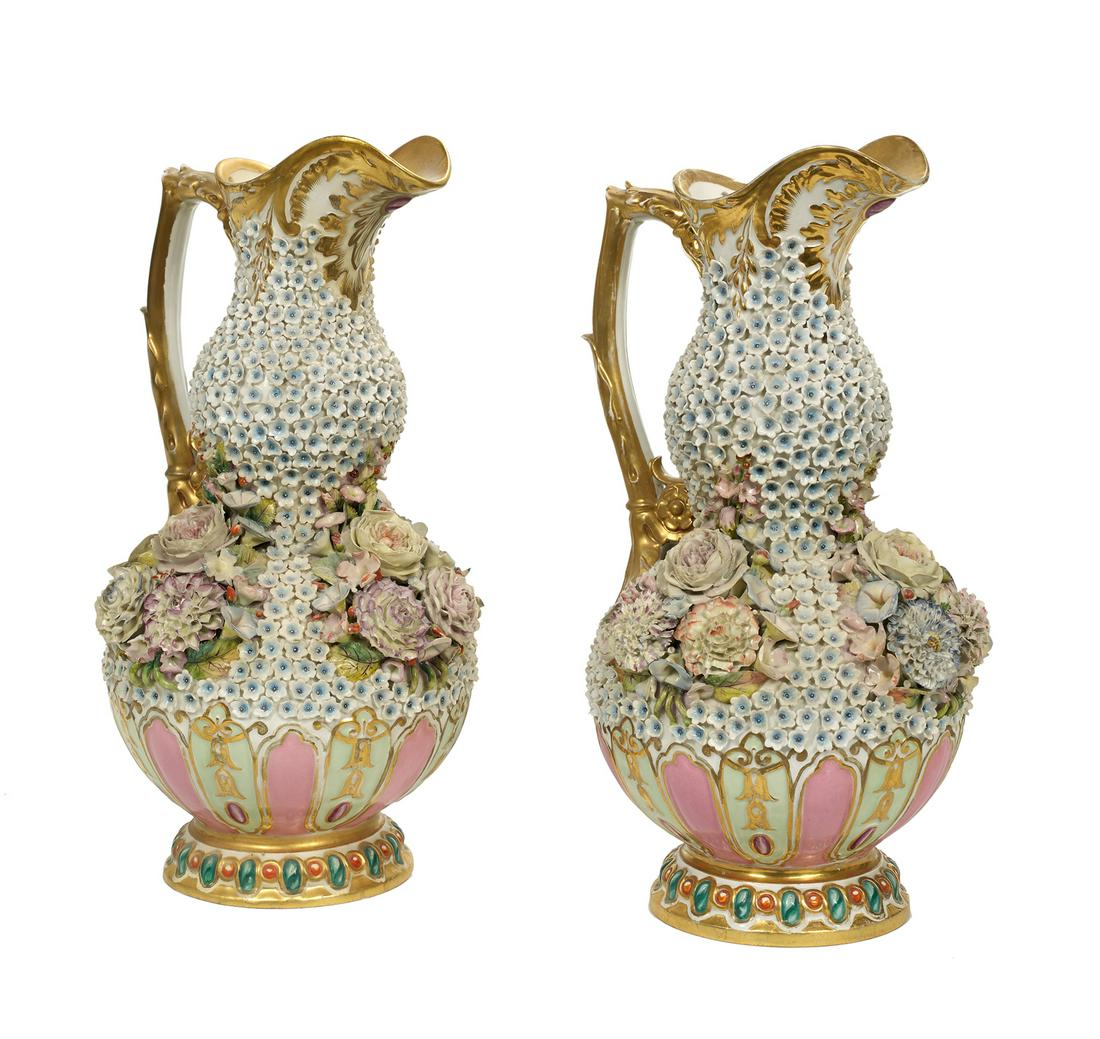 Pair of Jacob Petit Schneeballen Ewers: Remarkable Pair of Jacob Petit Paris Porcelain Schneeballen Ewers mid-19th century, the large ewers with gilt-molded handles and spouts, the schneeballen (snowball) bodies punctuated with bunches of e