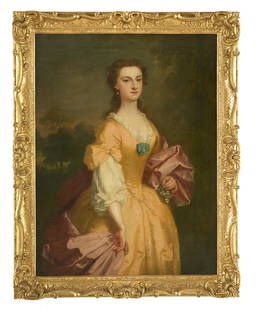 Attr. to George Knapton (British, 1698-1778): Attributed to George Knapton (British, 1698-1778) "Portrait of a Lady in Saffron Silk, Possibly the Right Honourable Lady Elizabeth Harcourt, Later Lady Lee (1739-1811)" oil on canvas unsigned, a