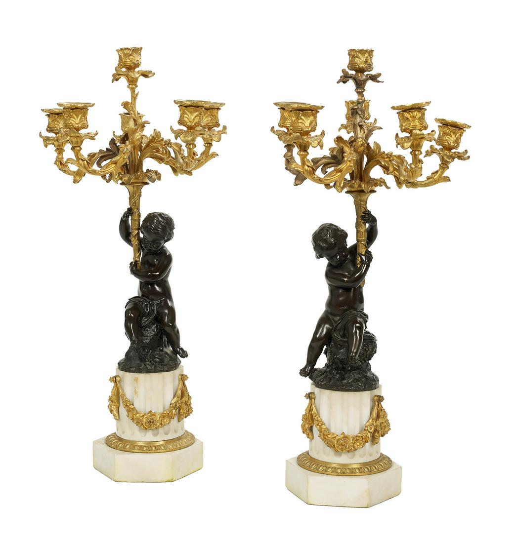 Pair of French Bronze and Marble Candelabra (1 of 1)