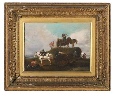 Follower of Philips Wouwerman (Dutch, 1619-1668): Follower of Philips Wouwerman (Dutch, 1619-1668) "Hay Harvest" oil on canvas unsigned. Giltwood frame. 10-3/4" x 14-1/8", framed 18" x 22" Provenance: The Collection of the Late Dr. E. Ralph Lupin, Ne