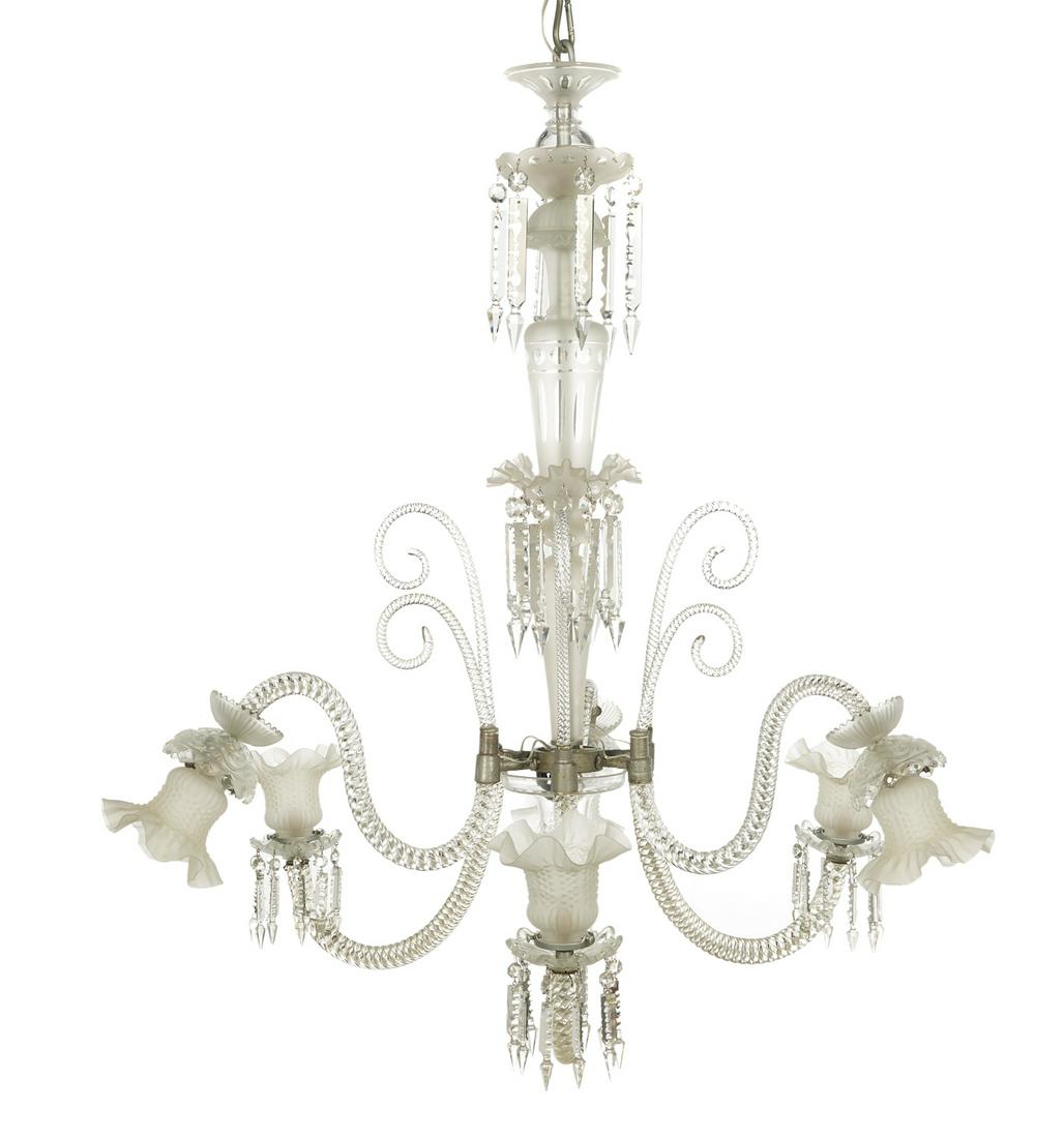 Franco-Bohemian Glass Chandelier: Franco-Bohemian Cut, Frosted and Molded Glass Chandelier first quarter 20th century, the standard clad with frosted glass, decorated with cut bull's eyes and hung with spear-point prisms, set with scr