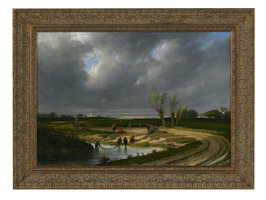Laurent Herman Redig (Dutch, 1822-1861): Laurent Herman Redig (Dutch, 1822-1861) "Pulling the Nets" oil on wood panel signed lower left. Framed. 17" x 25", framed 21-1/4" x 30-3/4"