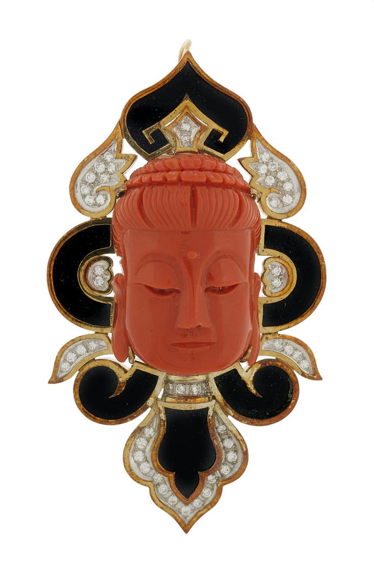 Coral, Diamond and Onyx Brooch/Pendant (1 of 1)