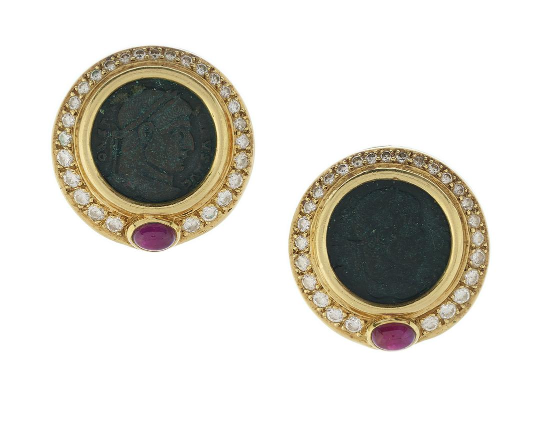 Pair of Diamond and Ruby Coin Ear Clips (1 of 1)