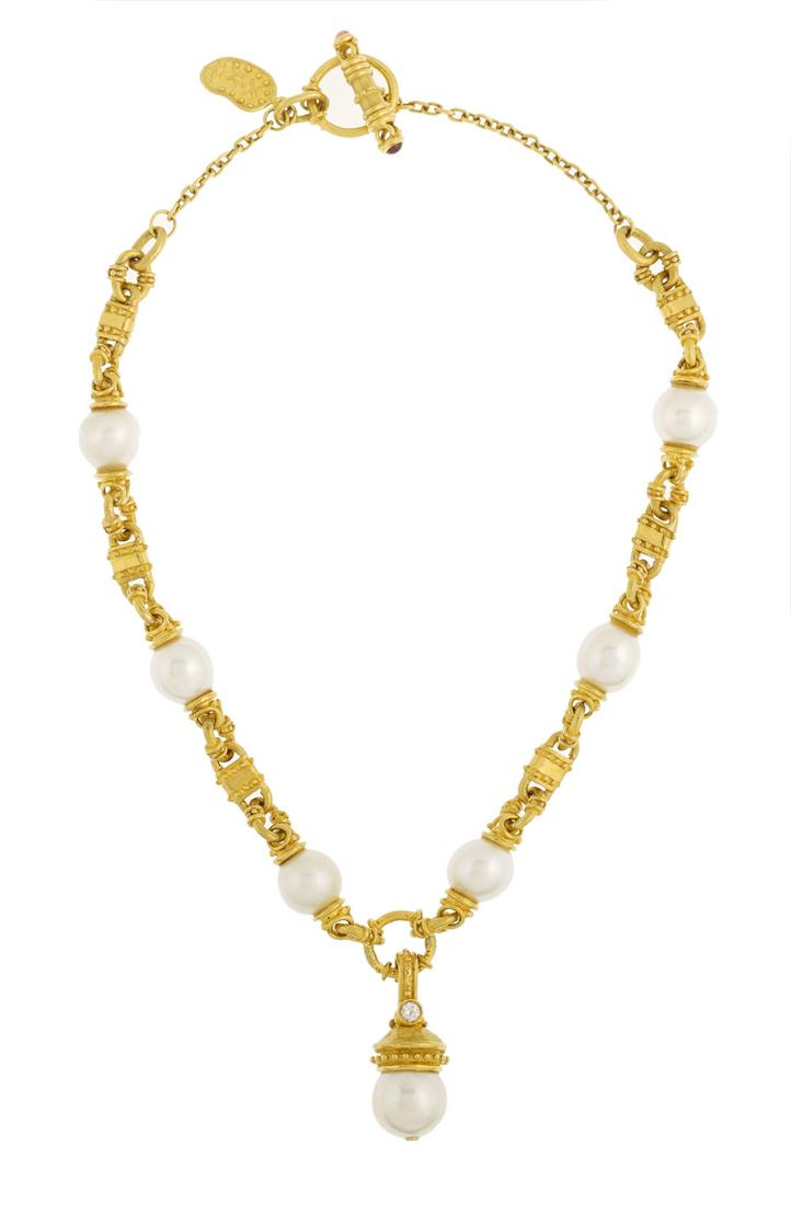 South Sea Pearl and Gold Necklace: South Sea Pearl and Gold Necklace 22k yellow gold, the necklace composed of South Sea pearls with a good luster, measuring approximately 14.2 mm in diameter, accented with faux diamonds and finished w