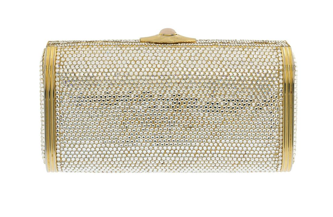 Vintage Judith Leiber Crystal Minaudiere: Vintage Judith Leiber Crystal Minaudiere 1990s, gold hardware, the crystal body with reeded gold banding, rose quartz-inset push closure and drop-in chain, the gold kidskin-lined interior plaque-label