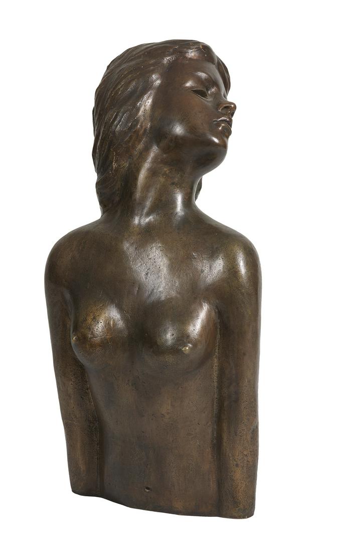Victor Salmones (Mexican, 1937-1989): Victor Salmones (Mexican, 1937-1989) "Bust of a Woman" patinated bronze cast signature, numbered "1/10", and marked "Q-2" along back edge. h. 25", w. 12", d. 10" Provenance: The Estate of Bonnie Boldi