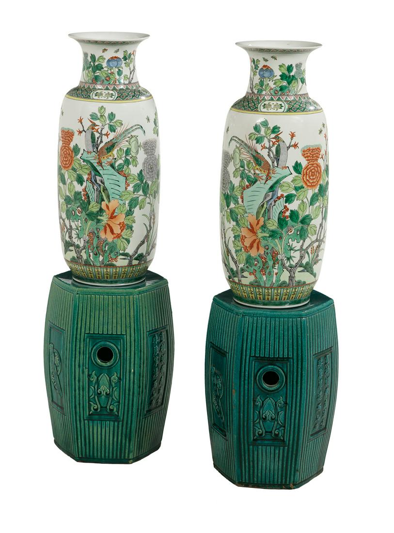 Pair of Chinese Famille Verte Vases on Stands: Pair of Chinese Famille Verte Porcelain Vases on Stands 20th century, the vases with floral decor and exotic birds, each with a Chinese teal-glazed porcelain garden seat as a stand. vase h. 24-1/2", d