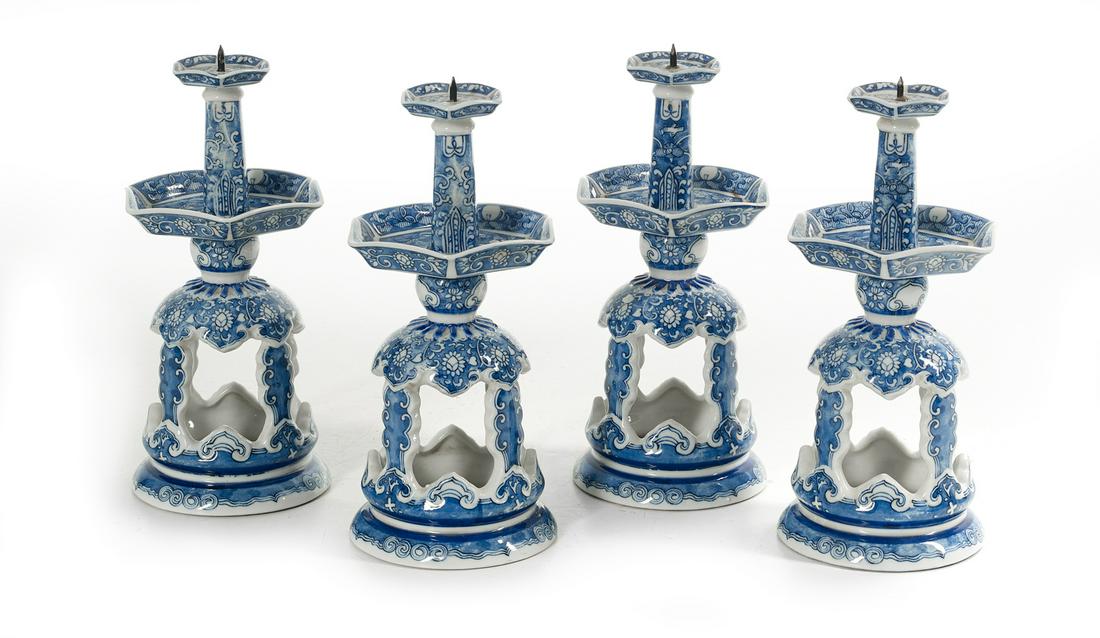 Four Chinese Blue and White Pricket Candlesticks (1 of 1)