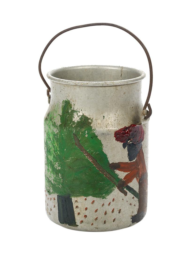 Clementine Hunter (US/Louisiana, 1886/87-1988): Clementine Hunter (American/Louisiana, 1886/87-1988) "Pecan Threshing" oil on galvanized milk jug monogrammed. h. 8-1/2", dia. 5-1/2"