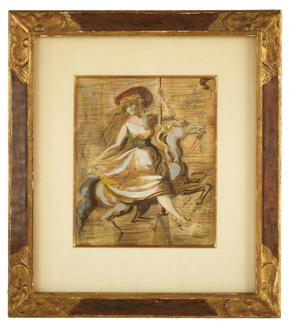 Reginald Marsh (American, 1898-1954): Reginald Marsh (American, 1898-1954) "Girl on Carousel" watercolor and gouache on paper signed and initialed lower right with faint illegible inscription just below, a "Frank M. Rehn Galleries/New Yor
