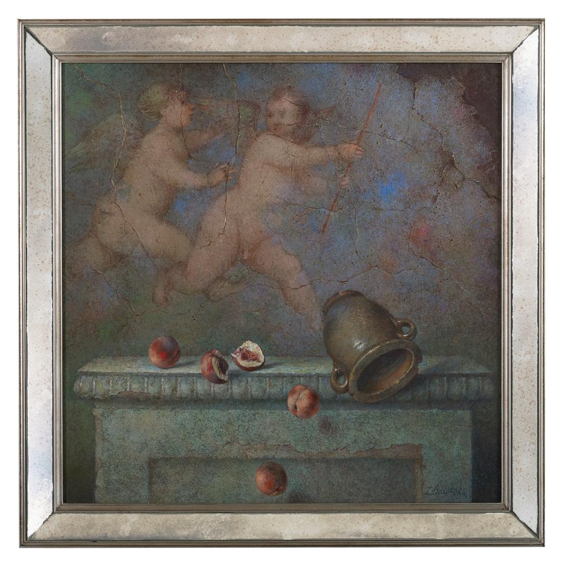 Zofia Szalowska (Polish/French, b. 1935): Zofia Szalowska (Polish/French, b. 1935) "Mischievous Putti" oil on canvas signed lower right and en verso stretcher. In an antiqued mirrored frame. 32" x 31-1/2", framed 37" x 37"