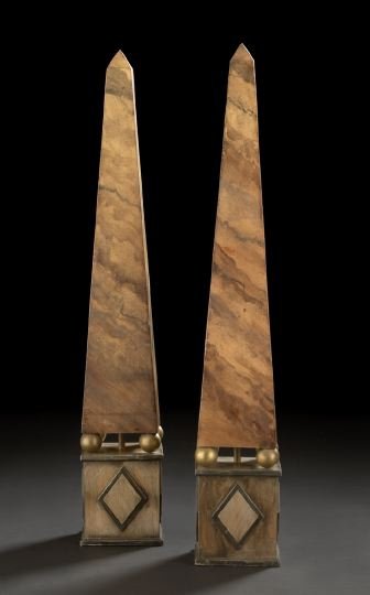 Large Pair of Obelisks-on-Pedestals: Large Pair of Obelisks-on-Pedestals, of brass-mounted faux-marbre and polychromed wood, in the Directoire style, h. 27-1/2".