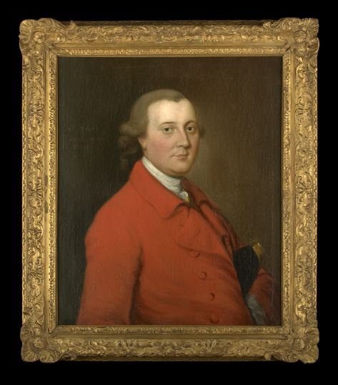Sch. of Thomas Gainsborough (British, 1727-1788): School of Thomas Gainsborough (British, 1727-1788) "Portrait of Colonel Henry Townshend", oil on canvas, the subject in a scarlet greatcoat and a white stock carrying a gold braid-edged black hat, uns