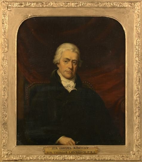 Manner of Sir Thos. Lawrence (British, 1769-1830): Manner of Sir Thomas Lawrence (British, 1769-1830) "Portrait of Sir Samuel Romilly", oil on canvas, unsigned, 14" x 12". Presented in a giltwood frame with brass plaque identifying the sitter.