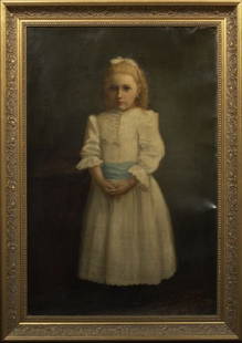 James Jebusa Shannon (American, 1862-1923): James Jebusa Shannon (American, 1862-1923) "Full Length Portrait of a Girl in a White Lace Dress with Blue Silk Sash", oil on canvas, signed lower left, 42" x 27-1/2". Presented in a contemporary gilt