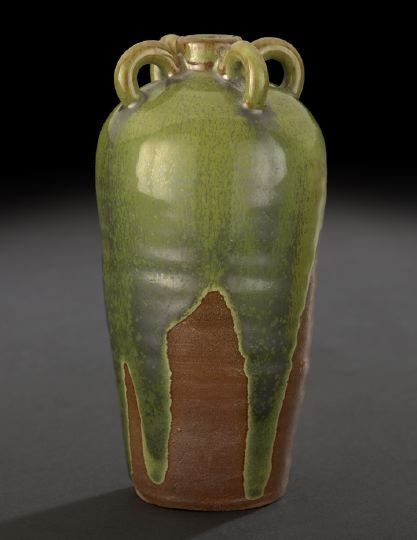 Newcomb College Pottery Drip-Glazed Vase: Newcomb College Pottery Drip-Glazed Four-Handled Vase, first quarter 20th century, of baluster form in the Chinese taste, potted by Joseph Fortune Meyer (1848-1931) and decorated by F.R., signed on th