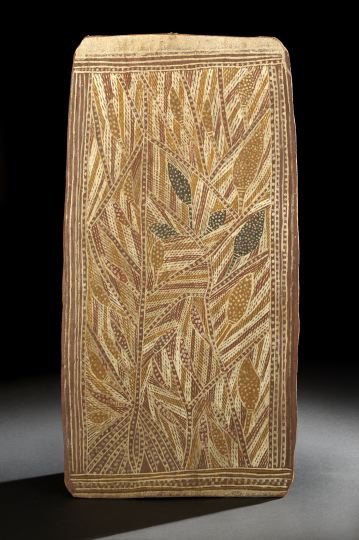 Australian Aboriginal Painting: Australian Aboriginal Painting, the thin, vertical, rectangular wooden panel with red, ochre, white and black paint depicting abstract vegetation, with a striped border, marked "Giminja" en verso, 20-