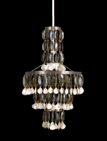 Sophisticated Small Hall Chandelier: Sophisticated Small Hall Chandelier, of graduated annular form, richly dressed with large nacre-tipped oval faceted labradorite jewels, the canopy with matching pendant parallel strings of nacre-tippe