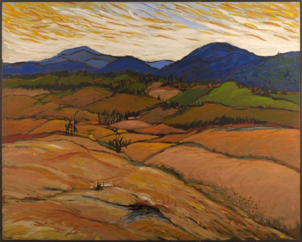 Yehouda Chaki (Greek, b. 1936; active Canada): Yehouda Chaki (Greek, b. 1936; active Canada) "Landscape 7014", oil on canvas, signed lower left "Y. Chaki", titled and signed on stretcher verso, 48" x 60". Unframed.