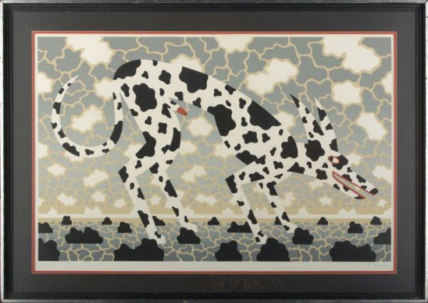 Robert Gordy (American/Louisiana, 1933-1986): Robert Gordy (American/Louisiana, 1933-1986) "Dog", 1976, silkscreen in colors, signed in pencil lower right "R. Gordy", numbered in pencil lower left "21/75". Glazed, handsomely matted and framed. Pr
